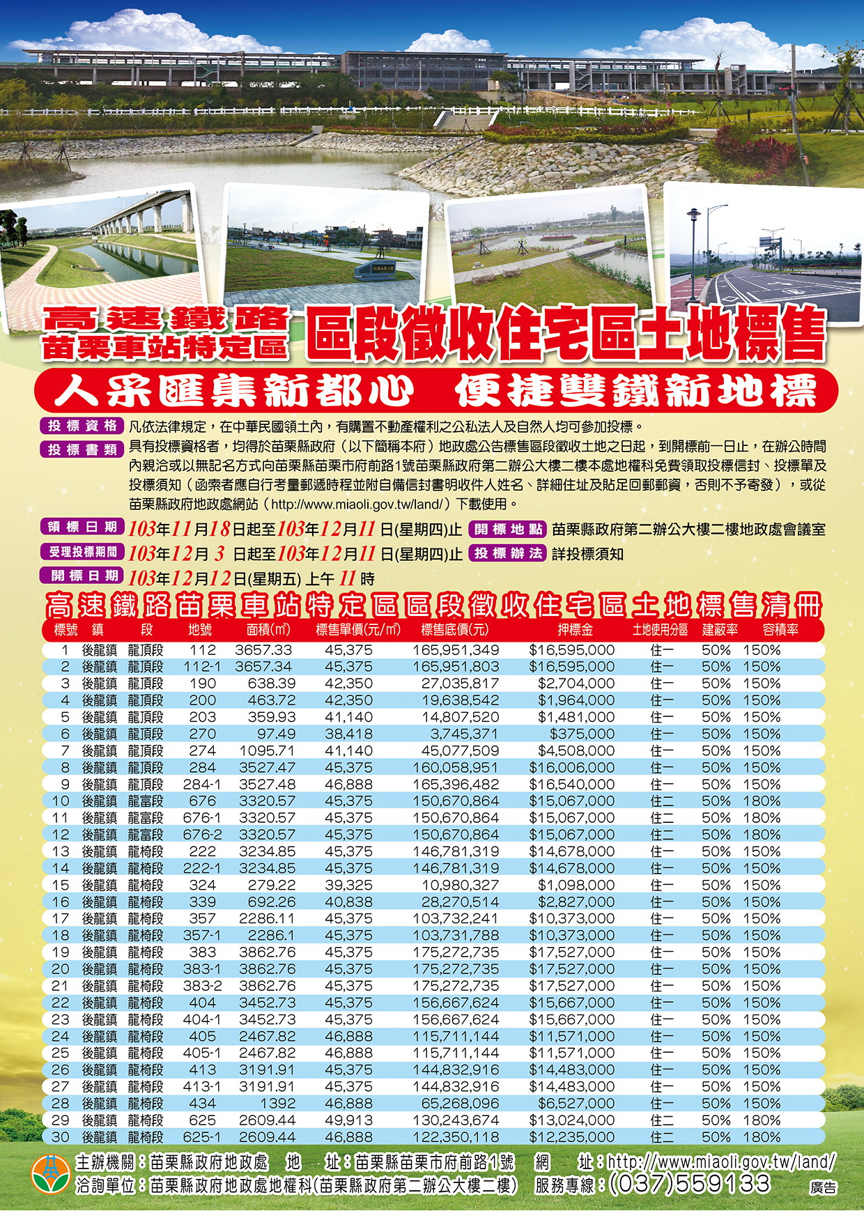 公告標售本縣高速鐵路苗栗車站特定區區段徵收開發案住宅區後龍鎮龍頂段112地號等30筆土地